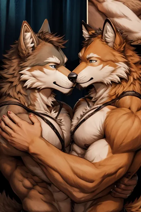 two barefoot muscular wolves hug and kiss each other, excellent quality, close-up their bare feet