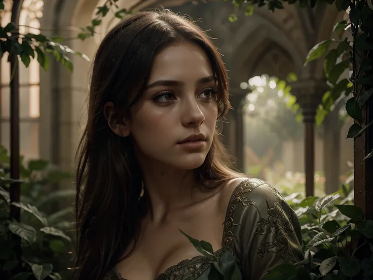 a beautiful girl in a chiaroscuro garden, detailed eyes, detailed lips, long eyelashes, highly detailed, photorealistic, dramatic lighting, oil painting, cinematic, muted colors, moody atmosphere, intricate details, lush foliage, ornate architecture