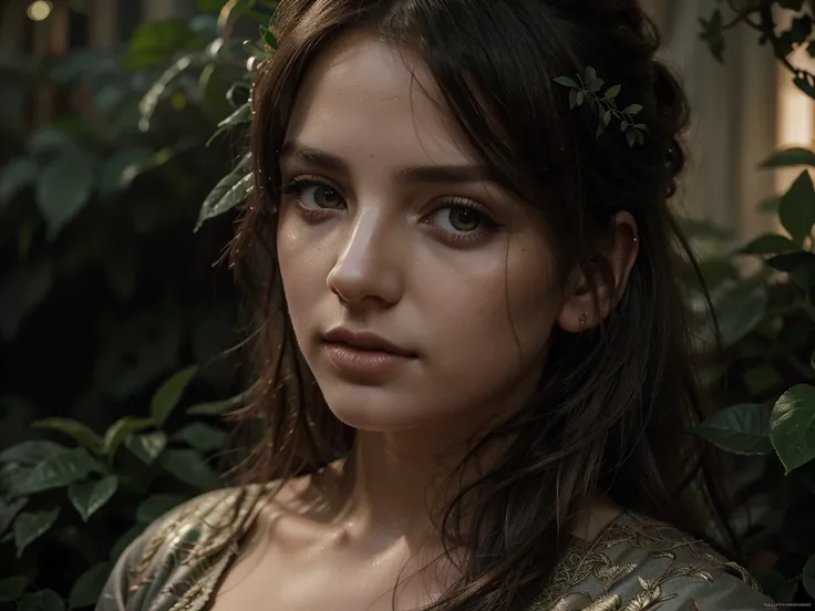 a beautiful girl in a chiaroscuro garden, detailed eyes, detailed lips, long eyelashes, highly detailed, photorealistic, dramatic lighting, oil painting, cinematic, muted colors, moody atmosphere, intricate details, lush foliage, ornate architecture