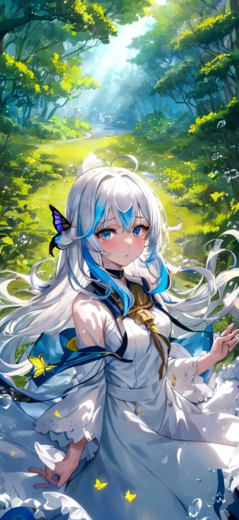 Nasheed (masterpiece), (best quality), (Extremely detailed),(Messy hair),(illustration), (1 girl), Beautiful and delicate eyes,Beautiful face,floating,(High Saturation),(Colorful splash),Colored bubbles,(shining),Focus on the face, Walk in the forest，White...