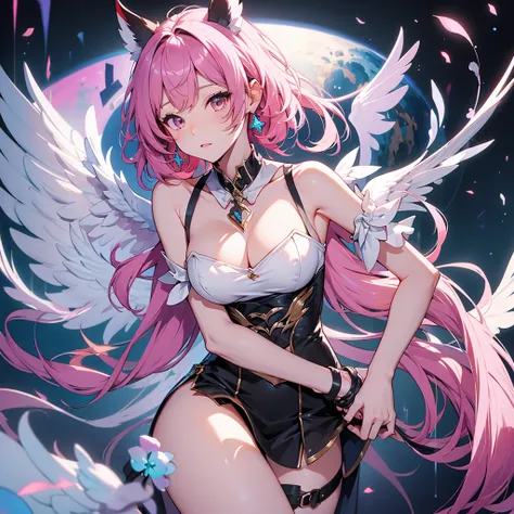 Highest quality、masterpiece、High sensitivity、High resolution、Detailed Description、Slim Body、pink perl hair、black dressed、wing ear, vtuber