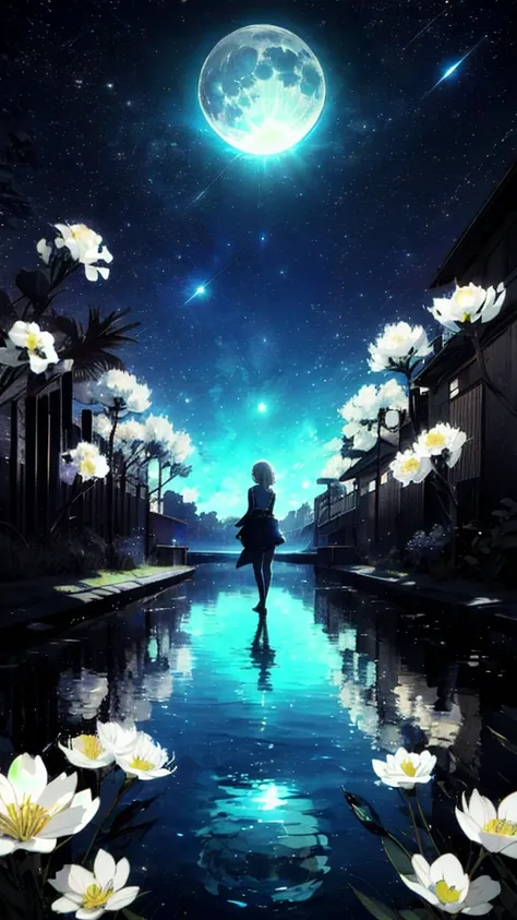 A girl, Solitary, Stand on the water, Reflective surface, , Cat ear, (poster:0.76), (Palm leaves),  White flowers, (Blue light glow:1.2), night, Dark theme, Starry Sky, dream，moonlight