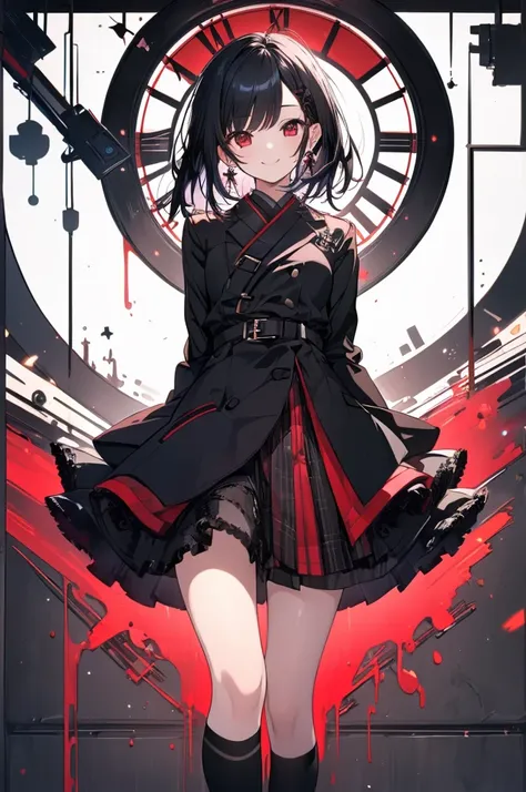 (masterpiece, highest quality, highest quality, (No text), Beautiful and aesthetic:1.2),No text,アニメ、 BREAK,One Girl，Short black hair　Red eyes　Beauty　cool　smile　Black Coat　mini skirt　whole body　Night view