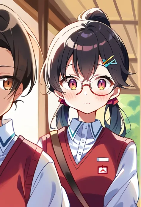 anime　Middle school students　Black hair ponytail　Gentle face　Rimless glasses are black　Big Breasts　Short　One person　Brown eyes