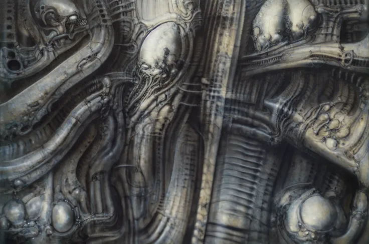 giger_style, the image is a detailed view of h.r. giger's tableau \" biomechanical landscape no 312 \" plate.
 the image is a  p...