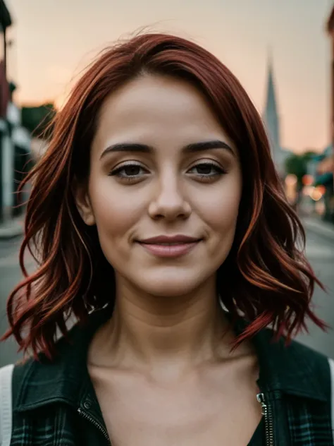 Cinematic, realistic, close-up, cinematic documentary of a 22-year-old woman with vibrant red short hair and eyes the hue of twilight, embracing the lively spirit of New Orleans, Louisiana, the cityâs music and history resonating with her adventurous hea...