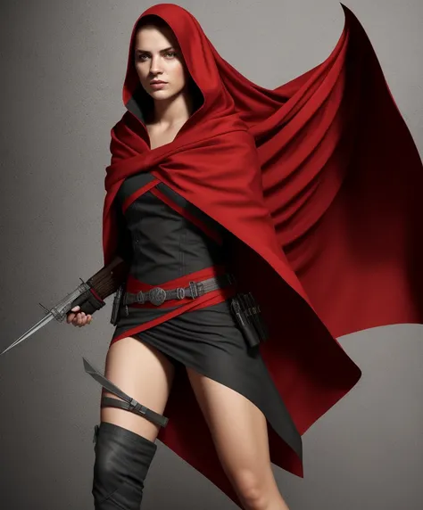 Female Assassin Red and Black Cloth design, detailed fabrics, Whole Body, on white background (natural skin texture, hyperrealism, soft light, sharp)