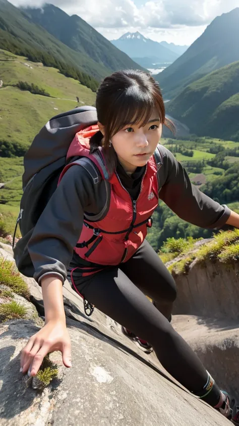 Mountain climbing, mountain trail, mountain climbing clothes, Japanese girl in her 20s, wiping sweat