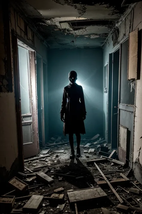 Images of eerie nighttime scenes, dilapidated interiors, ghostly figures,