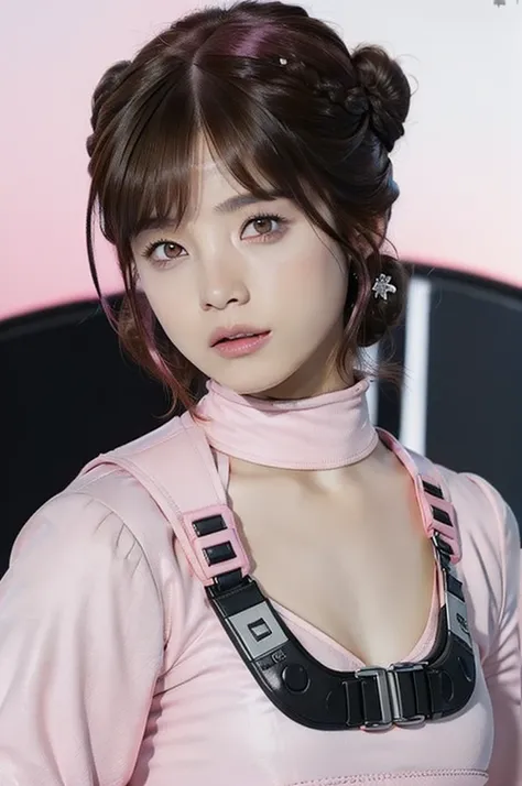 Top Quality, Ultra High Definition, (backlight), (Photorealistic: 1.4), (close up:1.6, focus on face), 1 Beautiful Girl, (Kpop Idol), Detailed Face, (Hair Brown|Pink:1.3, full-bang, updo Hair:2), Contrapposto, Smooth Skin, accurate Anatomy, Professional Li...