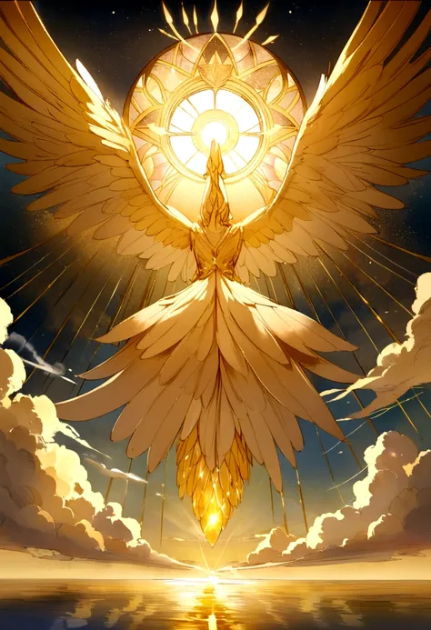 A mesmerizing depiction of a golden bird gracefully soaring through the sky, its shimmering feathers reflecting the sunlight. The bird is accompanied by a trail of glowing light, creating a celestial atmosphere. The background features a serene landscape w...