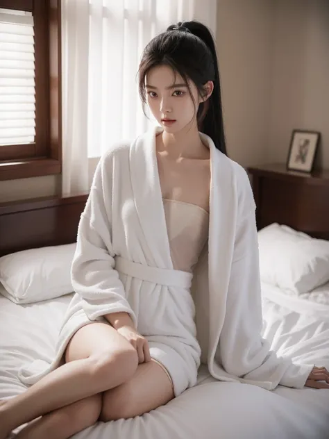 korean model , slim body , 167cm ，Movie Angle，long black ponytails hairstyle, （Cute girl，anatomy correct, bathrobe，（ art，geomerty），（plethora of colorest quality，high detal，tmasterpiece，Cinematic lighting effects，4K，Chiaroscuro）,  on the bed