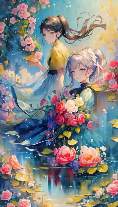 (masterpiece), (best quality), (Very detailed),(Hairstyle),(illustration), (1girl), (Fashion),Looking at the audience, beautiful eyes,  (High Saturation), (Colorful splash), Colored bubbles, Long hair，Ponytail，Floating flowers, girl,reflective transparent ...