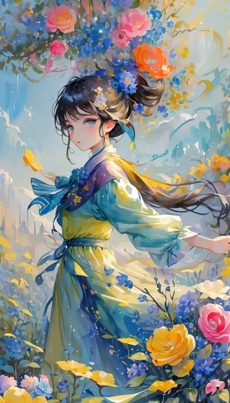 (masterpiece), (best quality), (Very detailed),(Hairstyle),(illustration), (1girl), (Fashion),Looking at the audience, beautiful eyes,  (High Saturation), (Colorful splash), Colored bubbles, Long hair，Ponytail，Floating flowers, girl,reflective transparent ...