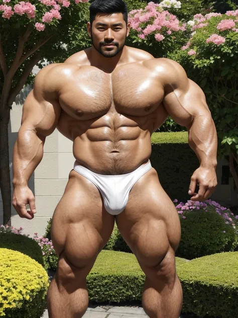 There is only one handsome Asian actor in the picture，30 years old，Tall and handsome, Toned body，short hair, O-Shaped Beard，Perfect body, Dark skin，Glowing skin，Smooth skin，The body is hairless，Muscle bulge, Muscular, Very large pectoral muscles，Very sexy ...