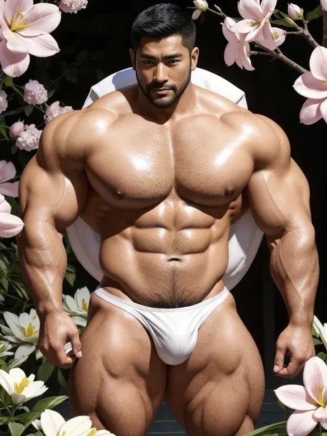 There is only one handsome Asian actor in the picture，30 years old，Tall and handsome, Toned body，short hair, O-Shaped Beard，Perfect body, Dark skin，Glowing skin，Smooth skin，The body is hairless，Muscle bulge, Muscular, Very large pectoral muscles，Very sexy ...