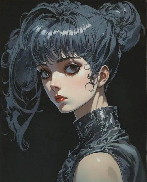 Flat-colored still of a photo of a a highly detailed painting of self concious woman, Im Gonna Do My Thing, fantasy horror art, photo realistic dark concept art, highly detailed, gothic theme aesthetics.,... anime girl from a 80s Anime portrayed by hajime ...