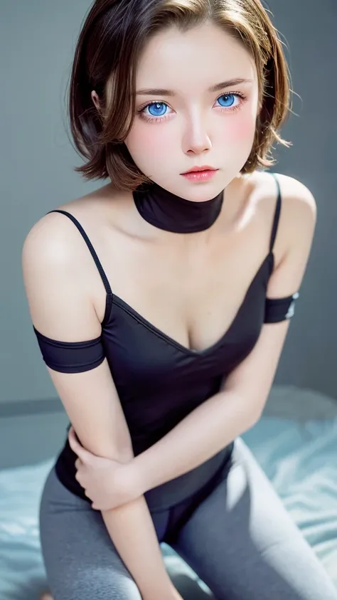 looking at the viewer, cinematic lighting, perfection, soft light, high resolution skins:1.2, realistic skin texture, 14 years old、small face、No makeup、off shoulder,bust B cup、 exposed cleavage, blue eyes, short hair, dark brown hair、leggings、good for spor...