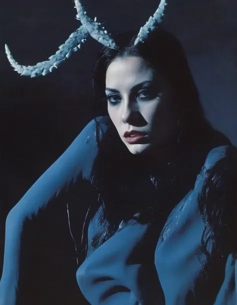 film photography, vintage, fashion shoot of female horror monster, blue dark background