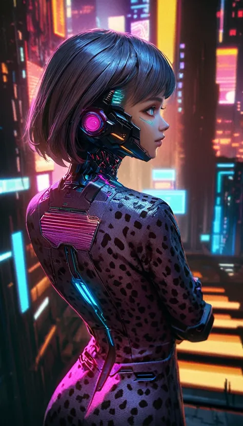 a woman with cybernetic skin that looks like cheetah fur, cowboy shot, back view, cyberpunk, sci-fi, detailed face and eyes, detailed skin texture, intricate machinery, glowing cybernetic implants, neon city background, moody dramatic lighting, dramatic ca...