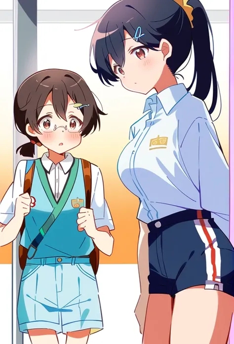 anime　Middle school students　Black hair ponytail　Gentle face　Rimless glasses are black　Big Breasts　Short　One person　Brown eyes, white shirt and navy blue shorts