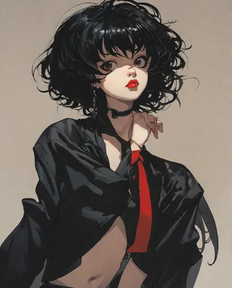 Flat-colored still of a photo of aa full-body, high-resolution anime style of a rebellious teenage female goth with short curly black hair, thin face, intense red lips, gothic fashion, inspired by the works of Yoshiaki Kawajiri, vibrant and edgy, with dram...