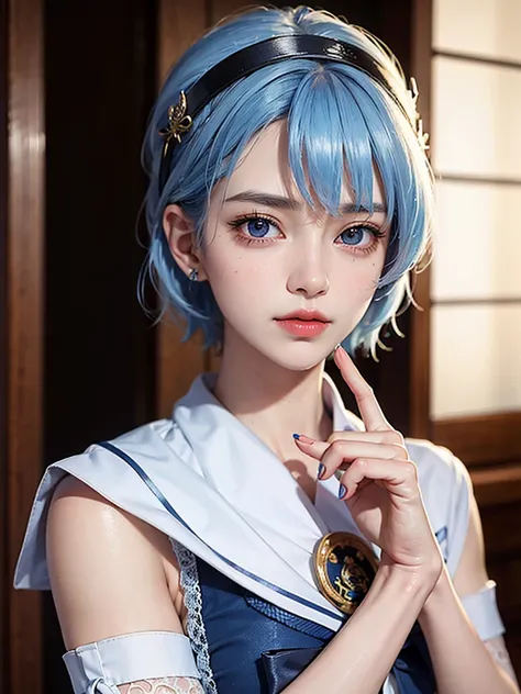 masterpiece, Highest quality, 8K, Detailed skin texture, Detailed cloth texture, Beautifully detailed face, Intricate details, Very detailed, Portrait of Rei Ayanami, Blue Hair,  Sailor suit,Red eyes, Remember, The background is white