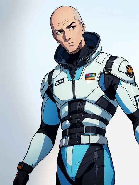 A tall man of about 40 years old with a skinhead painted against a white background, wearing a pilot suit with a high-pressure atmosphere.