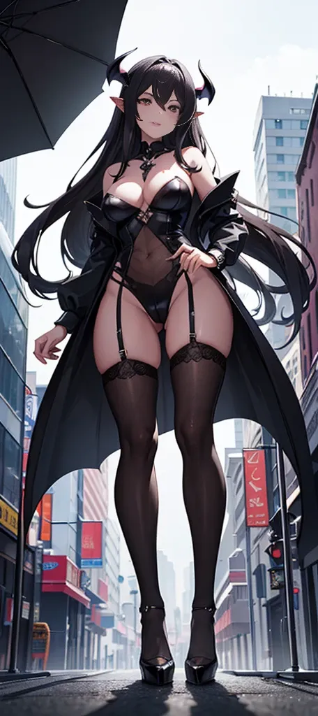 A giant succubus walks through the city, breaking everything with her high heels, she looks down and mocks you as you see from below her long, long legs covered in transparent stockings, look down, better quality.