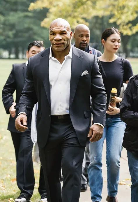 Mr. Mike Tyson is walking in the park with soon and Many members of the public.