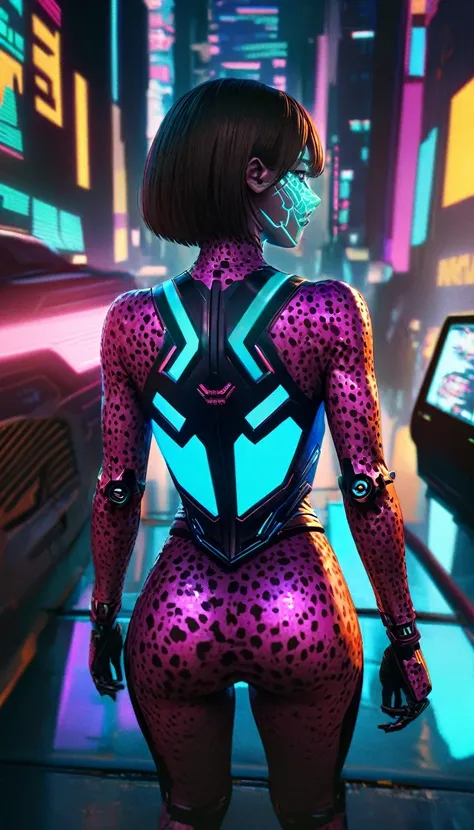 a woman with cybernetic skin that looks like cheetah fur, cowboy shot, back view, cyberpunk, sci-fi, detailed face and eyes, detailed skin texture, intricate machinery, glowing cybernetic implants, neon city background, dramatic camera angle, highly detail...