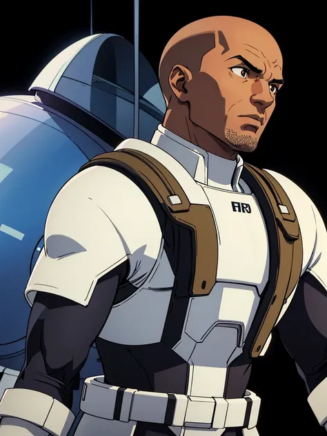 A brown-skinned, skinhead, tall, muscular man of about 40 years old with a high-pressure atmosphere in a pilot suit, depicted against a white background.