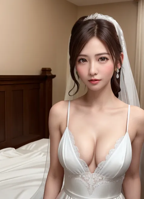 (8K, Photorealistic, Raw photo, of the highest quality: 1.3), (nsfw), (1girl in), Super beautiful, (Realistic face), (boyish, Silver Color Berry Shorthair), Beautiful, (wearing a white wedding dress, cleavage, with small neckrace and earring:1.3), Glare th...