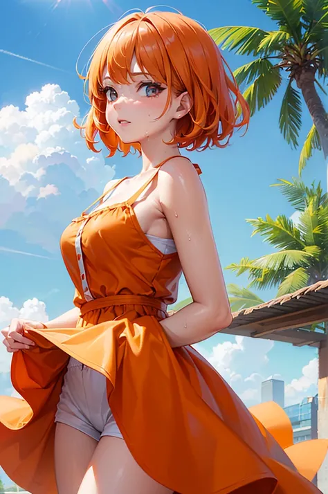 (a woman, park, sunny day, orange sundress, RAW, UHD, 8K, close up portrait:19.16, head, highly detailed face, stunning eyes, orange short hair, back towards camera, wet clothes, vibrant colors, warm sunlight)