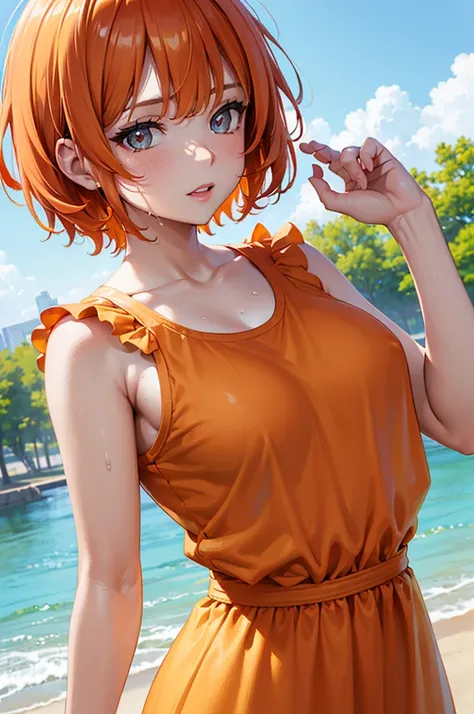 (a woman, park, sunny day, orange sundress, RAW, UHD, 8K, close up portrait:19.16, head, highly detailed face, stunning eyes, orange short hair, back towards camera, wet clothes, vibrant colors, warm sunlight)