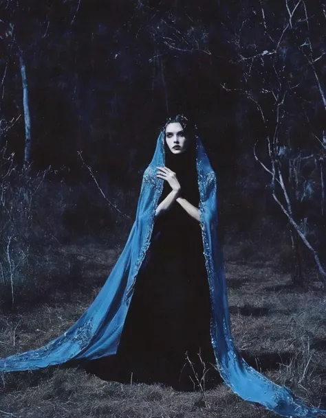 film photography, vintage, fashion photography of horror with 90s beautiful fashion model, blue night forest background