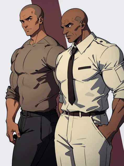 A brown-skinned, skinhead, tall, muscular man of about 40 years of age with a high-pressure atmosphere in elegant security guard clothes, depicted against a white background.