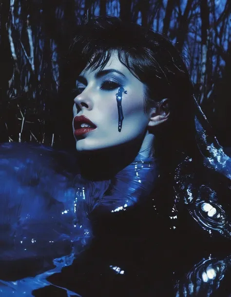 film photography, vintage, fashion photography of horror with 90s beautiful fashion model in black water, blue night forest background