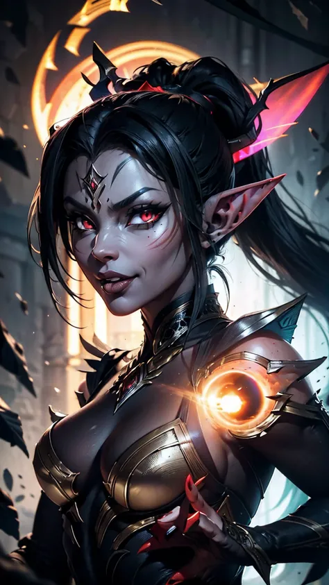 Full body, 1woman, 30 years old, sexy queen of hell, busty, A beautiful athletic dark elf, fit body, elven ears, grey skin, Grey skin, Red eyes: 1.4, see through sheer lowleg panties,  cinematic lighting, fantasy theme, highly detailed, incredibly long bla...