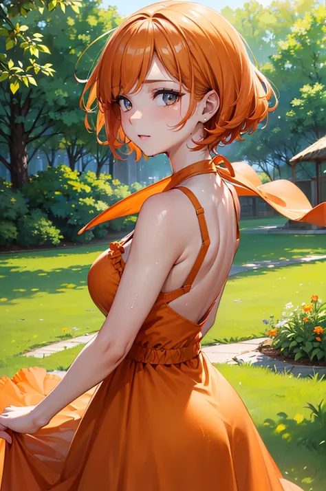 (a woman, park, sunny day, orange sundress, RAW, UHD, 8K, close up portrait:19.16, head, highly detailed face, stunning eyes, orange short hair, back towards camera, wet clothes, vibrant colors, warm sunlight)