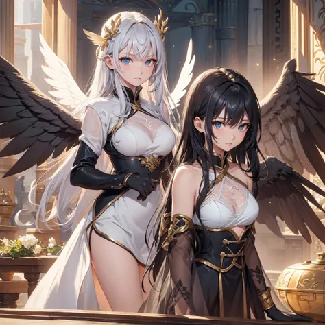 ((On the table, best quality)), Delicate face, Character Design Sheet，whole body, Perfect proportion，Rich in details, Multiple poses and expressions, Very detailed, Martial Arts Girl，1Girl with black wings，Gradient hair color，Golden，Delicate eyes, see thro...