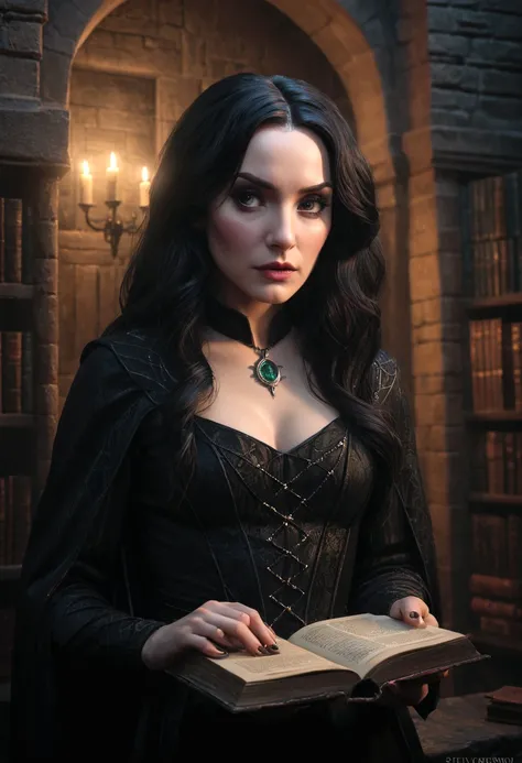 a dark sorceress severina snape reading in the restricted section of the castle library at night, detailed portrait, detailed facial features, beautiful detailed eyes, beautiful detailed lips, extremely detailed eyes and face, long eyelashes, intricate det...