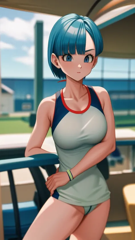 masterpiece, (sexy tennis player outfit), best quality, (blue hair), highres, dragon ball, blmmid, aqua hair, medium hair, blunt bangs, red hair band, huge breasts, at the beach,(tennis court)