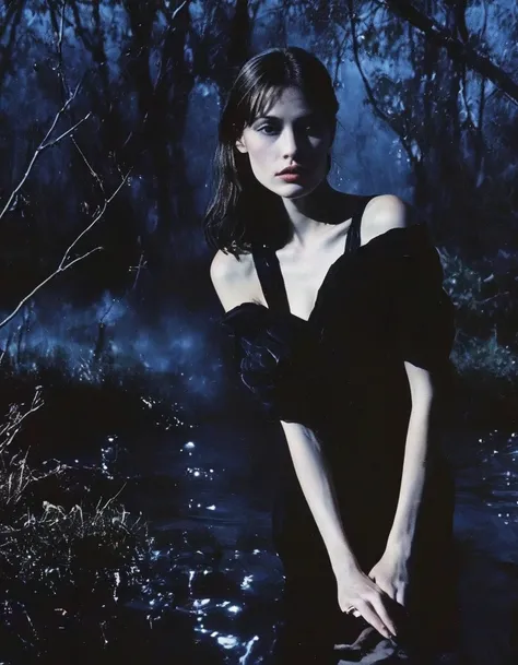 film photography, vintage, 90s beautiful fashion model in black water, dark blue forest background