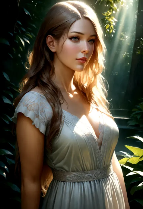 a beautiful woman, detailed face, detailed eyes, detailed lips, long flowing hair, elegant dress, standing in a lush garden, sunlight filtering through the trees, (best quality,4k,8k,highres,masterpiece:1.2),ultra-detailed,(realistic,photorealistic,photo-r...