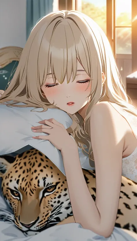 Highest quality、Masterpiece、(((Sunset Savanna、tent)))、BREAK、(((One Girl、Cute sleeping girl、tentでチーター柄の寝袋に入る女性:1.37)))、BREAK、Adult cheetah、Cheetah sleeping with a girl、Super detailed cheetah、A detailed drawing of a cheetah、BREAK、