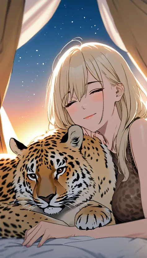 Highest quality、Masterpiece、(((Sunset Savanna、tent)))、BREAK、(((One Girl、Cute sleeping girl、tentでチーター柄の寝袋に入る女性:1.37)))、BREAK、Adult cheetah、Cheetah sleeping with a girl、Super detailed cheetah、A detailed drawing of a cheetah、BREAK、