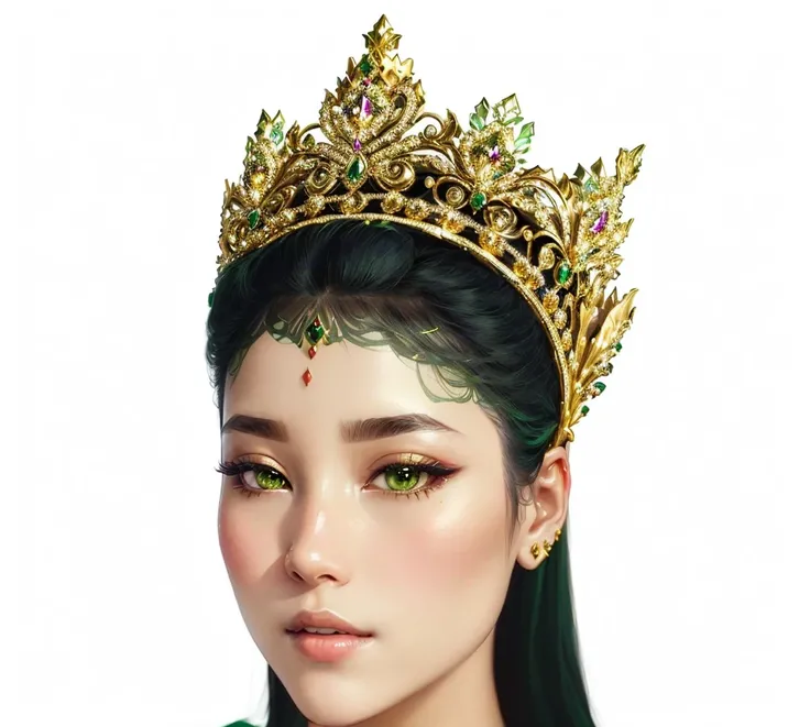 a close up of a woman wearing a tia with a green dress, a beautiful fantasy empress, big crown adorned with emerald, ((a beautiful fantasy empress)), green tiara, wearing golden crown, with crown, south east asian with round face, with a gold crown, gilded...