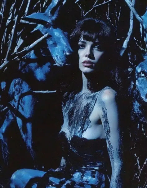 film photography, vintage, fashion photography of horror with 90s beautiful fashion model, blue night forest background