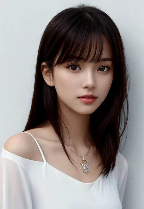 (best quality), (masterpiece), an 8K, 32K image of a beautiful Japanese woman with medium, shoulder-length hair. The image should focus on her upper body and have a surface focus. She should be wearing a long sleeve shirt and a necklace, with a white simpl...